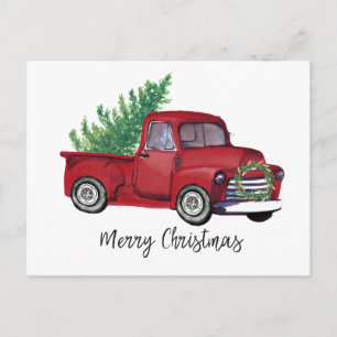 Farmhouse Christmas watercolor red truck Postcard