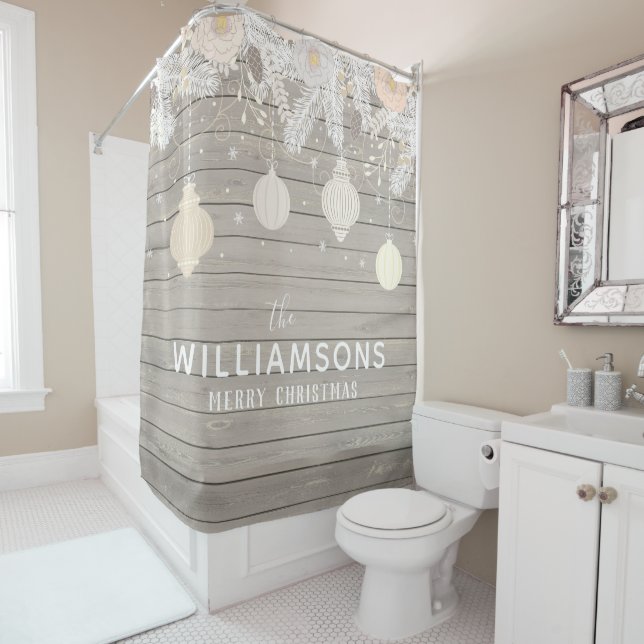 Farmhouse Christmas Wood Pine Family Name Shower Curtain (In Situ)