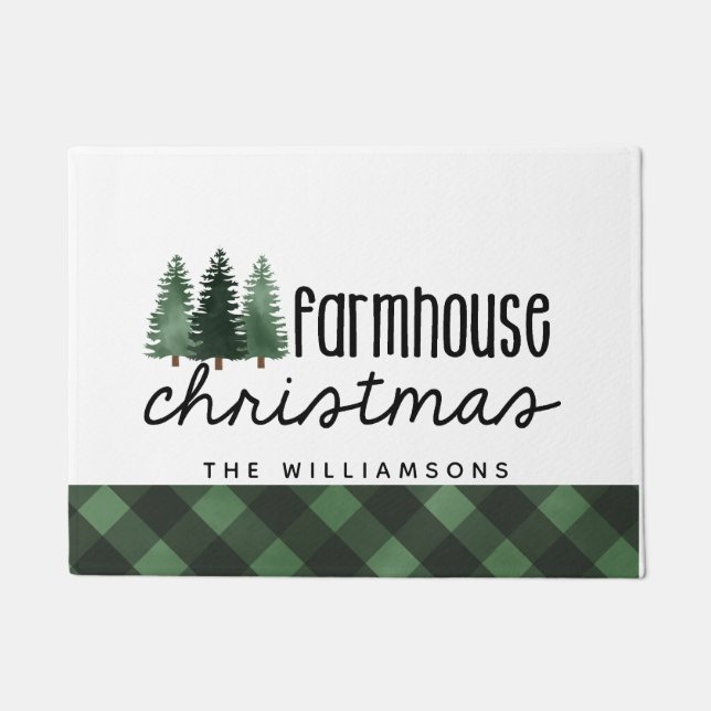Farmhouse Christmas Wood Plaid Family Name  Doorma Doormat (Front)
