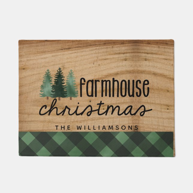 Farmhouse Christmas Wood Plaid Family Name  Doormat (Front)
