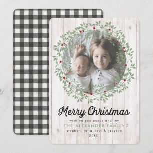 Farmhouse Christmas Wreath   Buffalo Check Holiday Card
