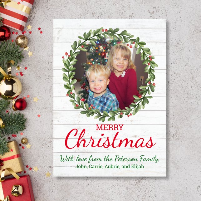 Farmhouse Christmas Wreath Holiday Card (Christmas Card with holly wreath and photo)