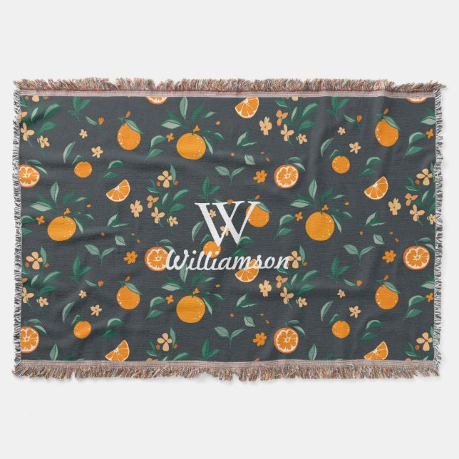 Farmhouse Citrus Orange Botanical Family Name Throw Blanket (Front)