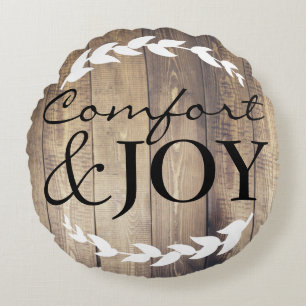 Farmhouse Comfort & JOY Family Name White Laurels Round Cushion