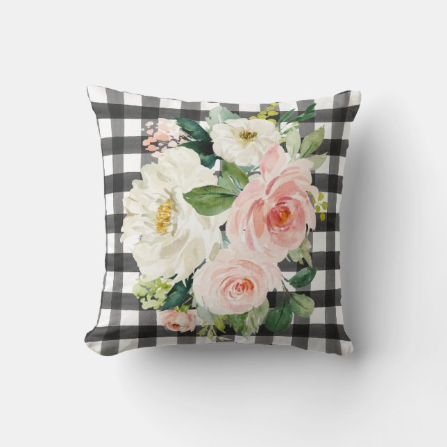 Farmhouse Cottage Black Buffalo Check Floral Cushion (Front)