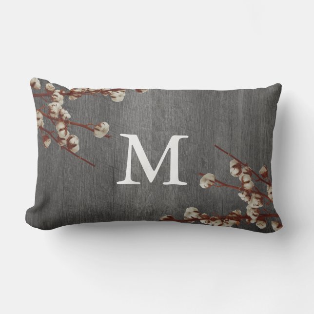 Farmhouse Cotton Flowers Grey Wood Plank Monogram Lumbar Cushion (Front)