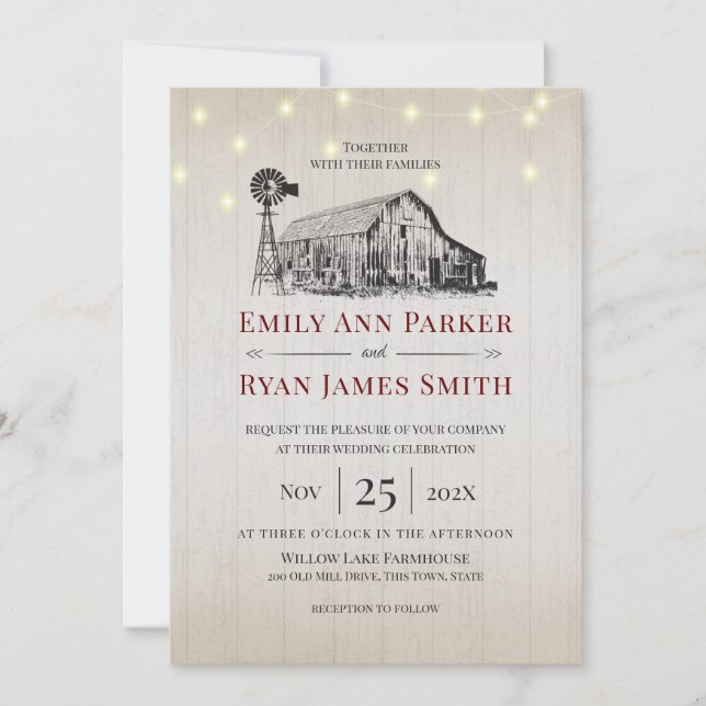 Farmhouse Country Barn Sketch and String Lights Invitation (Front)