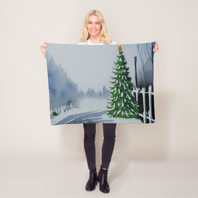 Farmhouse Country Christmas Watercolor Fleece Blanket (In Situ)
