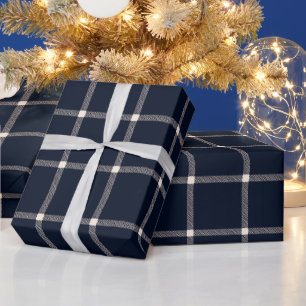 Farmhouse country hand drawn plaid cream dark blue wrapping paper