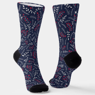 Farmhouse country navy blue foliage pattern cute socks