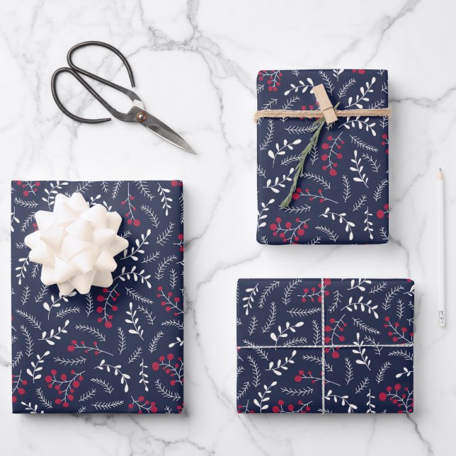 Farmhouse country navy blue foliage pattern cute wrapping paper sheet (Front)