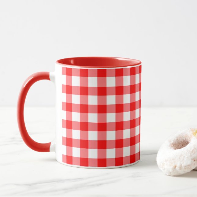Farmhouse Country Red Gingham Check Combo Mug (With Donut)