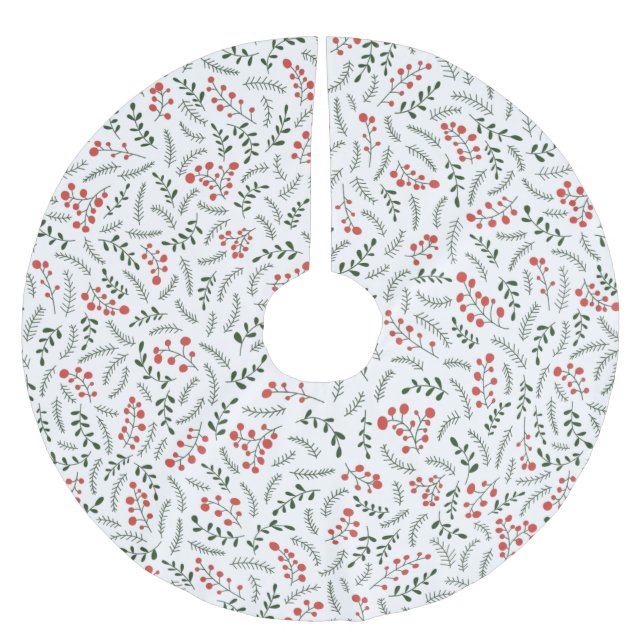 Farmhouse country red white green foliage pattern brushed polyester tree skirt (Front)