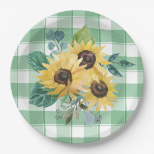 Farmhouse Country Sunflower Green Checks Paper Plate
