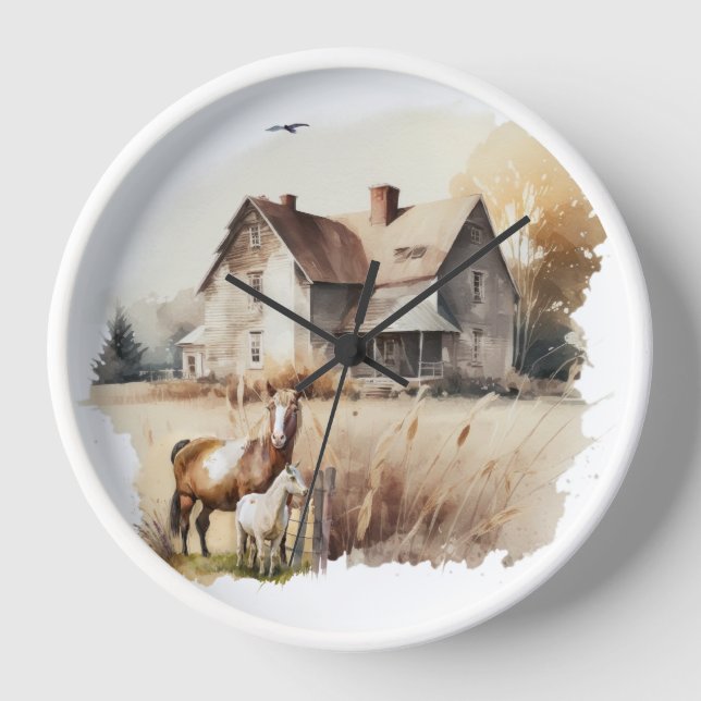 Farmhouse country watercolor farm animals kitchen clock (Front)