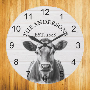 Farmhouse Cow wood Personalised  Large Clock