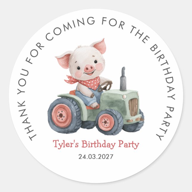 Farmhouse Cute Pig Birthday Party Thank You Classic Round Sticker (Front)