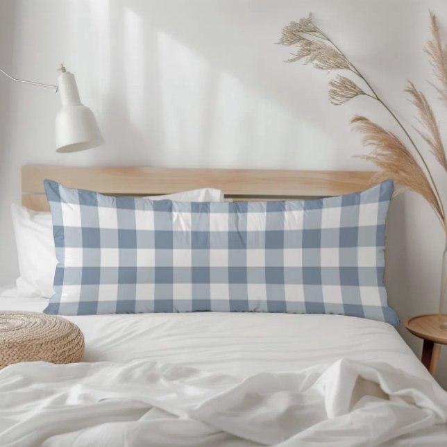 Farmhouse Dusty Blue Rustic Gingham Check Plaid Body Cushion (Creator Uploaded)
