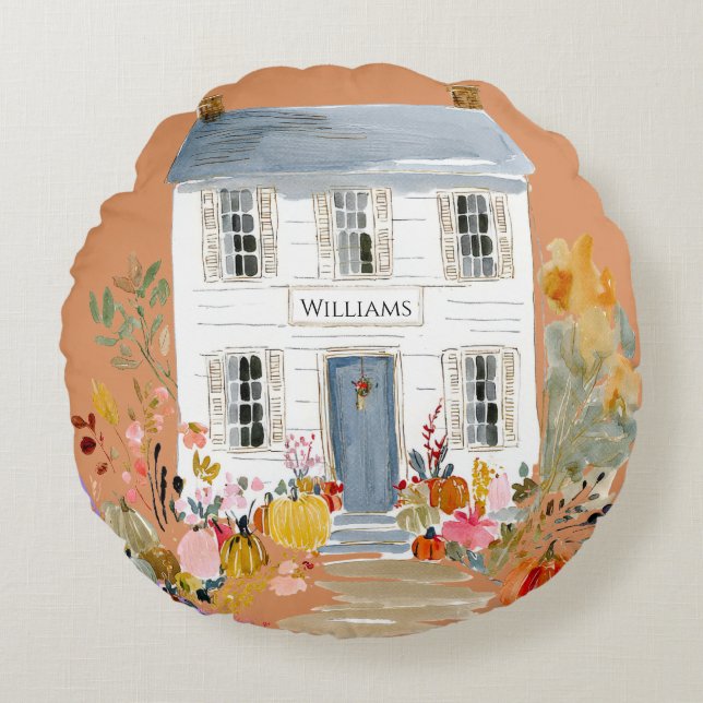 Farmhouse Fall Porch Monogram Round Cushion (Front)