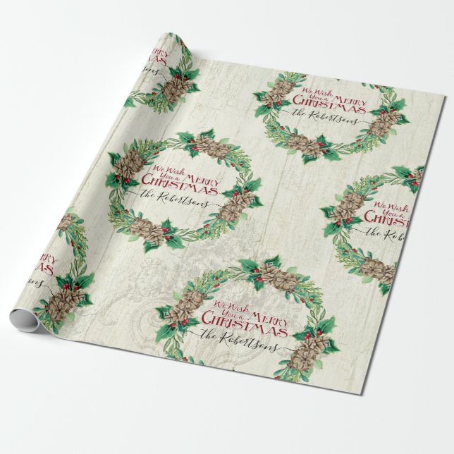 Farmhouse Family Merry Christmas Wreath Pine Cone Wrapping Paper (Unrolled)