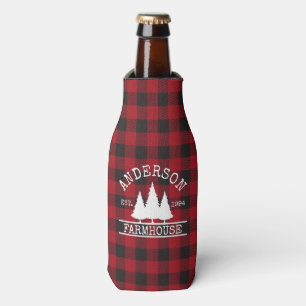 Farmhouse Family Name Red Buffalo Plaid Bottle Cooler