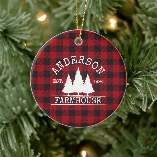 Farmhouse Family Name Red Buffalo Plaid Ceramic Tree Decoration (Tree)