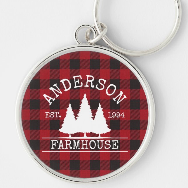 Farmhouse Family Name Red Buffalo Plaid Key Ring (Front)