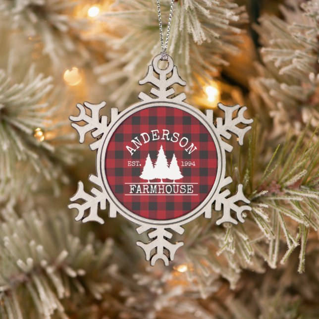 Farmhouse Family Name Red Buffalo Plaid Snowflake Pewter Christmas Ornament (Tree)
