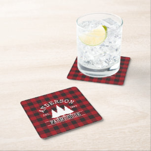 Farmhouse Family Name Red Buffalo Plaid Square Paper Coaster