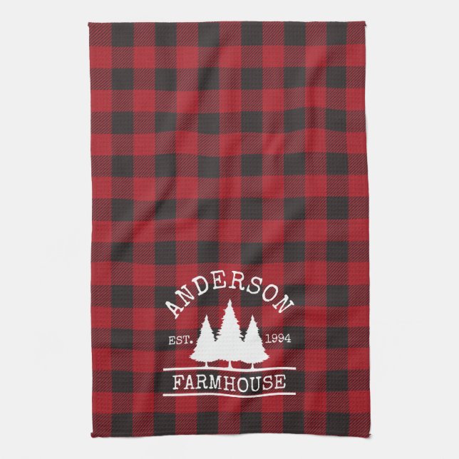 Farmhouse Family Name Red Buffalo Plaid Tea Towel (Vertical)