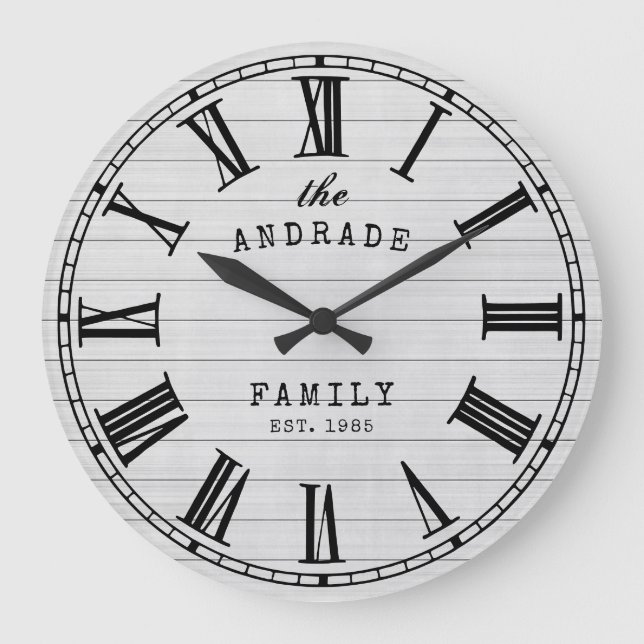 Farmhouse Family Name Rustic White Wood Country Large Clock (Front)