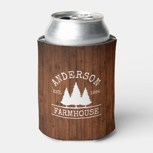 Farmhouse Family Name Rustic Wood Forest Can Cooler (Can Front)