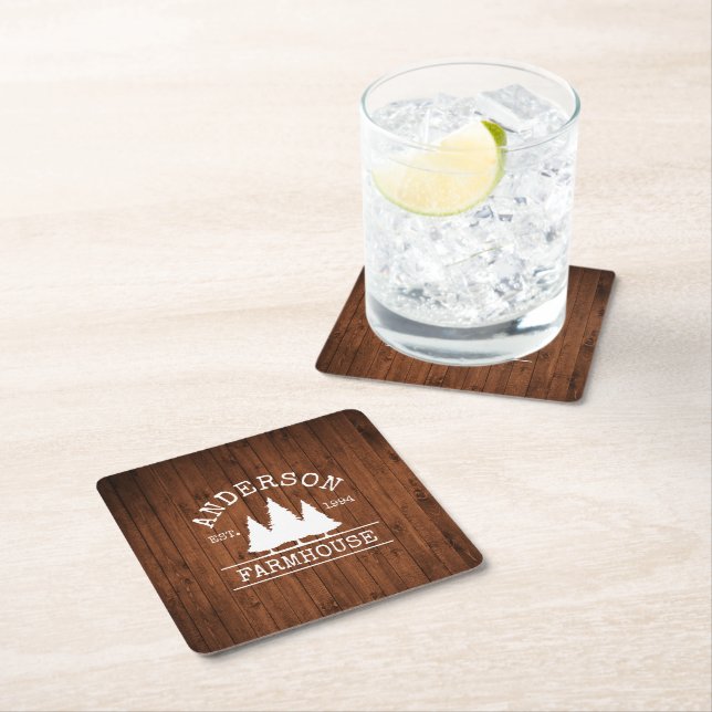 Farmhouse Family Name Rustic Wood Forest Square Paper Coaster (Insitu)