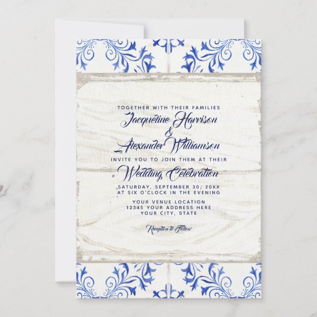 Farmhouse Farm Lapis Blue White Wood Tile Rustic Invitation (Front)