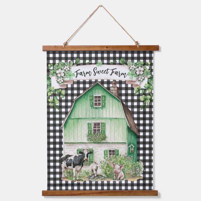 Farmhouse | Farm Sweet Farm | Green Barn  Hanging Tapestry (Front)