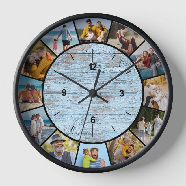 Farmhouse Faux Blue Wood Fence 12 Photo Collage   Clock (Front)