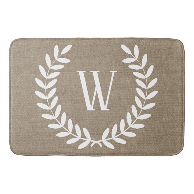 Farmhouse Faux Burlap White Laurels Bath Mat (Front)