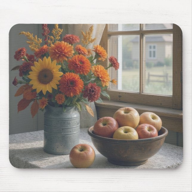 Farmhouse Floral Bouquet and Autumn Apples Mouse Mat (Front)