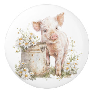 Farmhouse Floral Cabinet Pig with Daisies Drawer Ceramic Knob