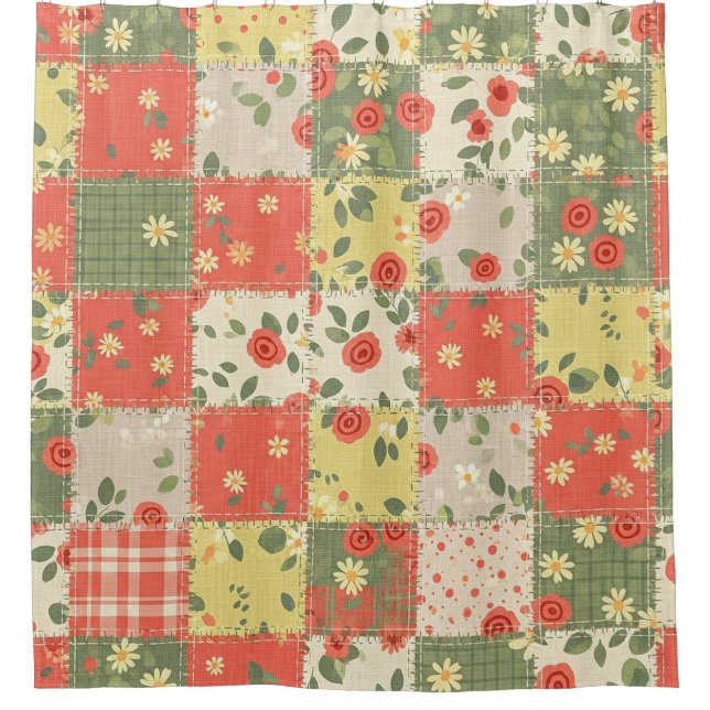 Farmhouse Floral Patchwork Pattern Shower Curtain (Front)