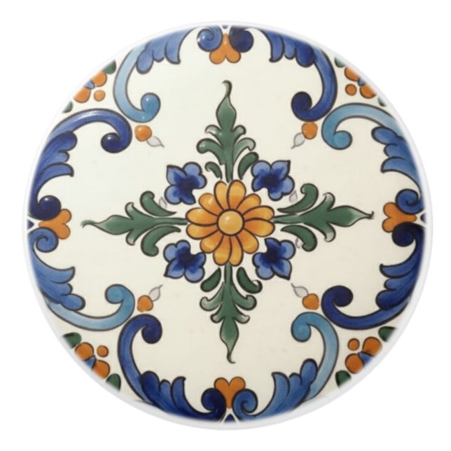 Farmhouse Folk Flower Mediterranean Blue Orange Ceramic Knob (Front)