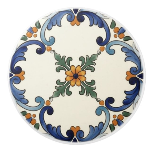 Farmhouse Folk Flower Mediterranean Blue Orange Ceramic Knob (Front)