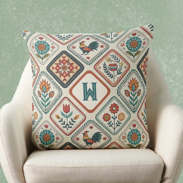 Farmhouse Folk Sage Green and Orange Monogram  Cushion (Creator Uploaded)