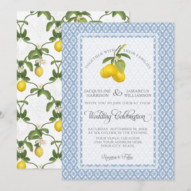 Farmhouse Garden Lemon BOHO Citrus Blue and White Invitation (Front/Back)