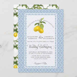 Farmhouse Garden Lemon BOHO Citrus Blue and White Invitation