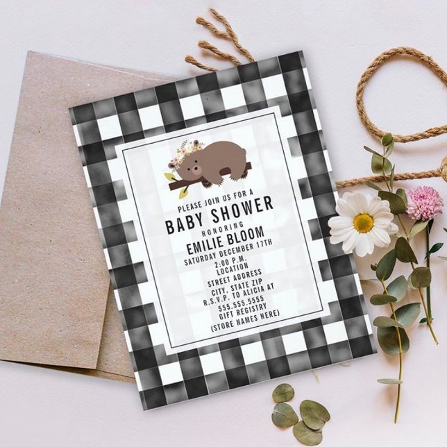 Farmhouse Gingham Boho Sleepy Bear Baby Shower Invitation (Creator Uploaded)