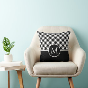 Farmhouse Gingham Check Plaid Black White Monogram Cushion