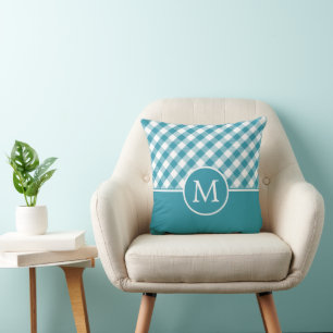 Farmhouse Gingham Check Plaid Teal Blue Monogram Cushion