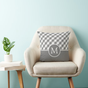 Farmhouse Gingham Plaid Grey White Monogram Cushion