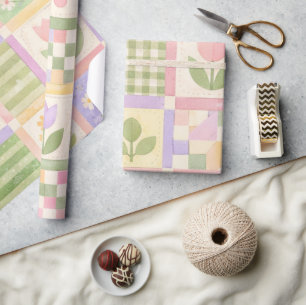 Farmhouse Girly Pastel Pink Green Quilt Patchwork Wrapping Paper